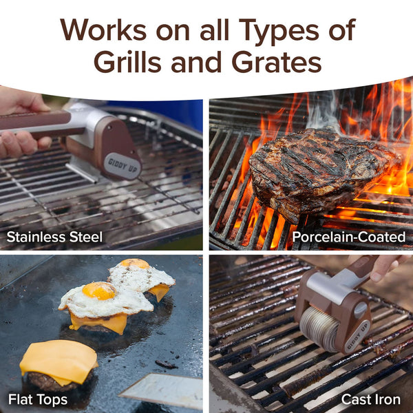 A four-panel image demonstrating the Horsepower Giddy Up grill cleaning tool being used on stainless steel, porcelain-coated, flat top, and cast iron surfaces.
