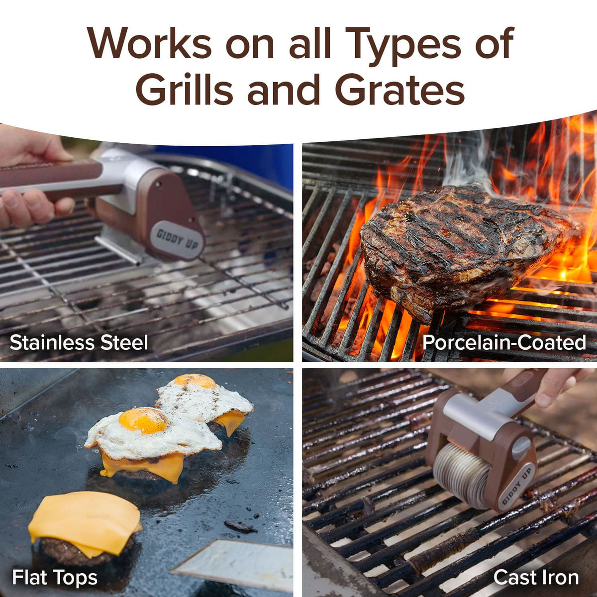 A four-panel image demonstrating the Horsepower Giddy Up grill cleaning tool being used on stainless steel, porcelain-coated, flat top, and cast iron surfaces.