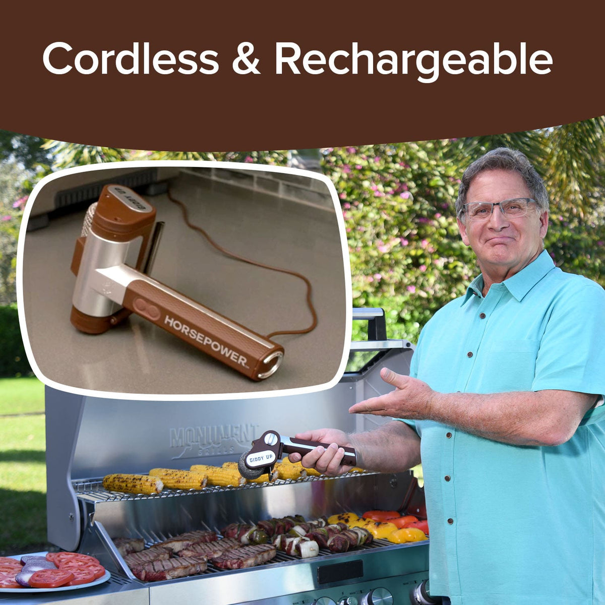 A man in a light blue shirt gestures toward a grill while holding a Horsepower Giddy Up cordless electric rotisserie tool, with an inset image showing the tool charging.