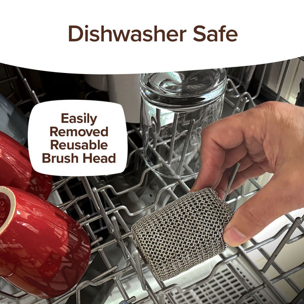 A hand places the Horsepower Giddy Up metal mesh brush head inside a dishwasher, with text overlays reading Dishwasher Safe and Easily Removed Reusable Brush Head.