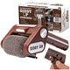 A Horsepower Giddy Up motorized, cordless handheld grill brush with a stainless steel power roller, positioned in front of its product packaging.