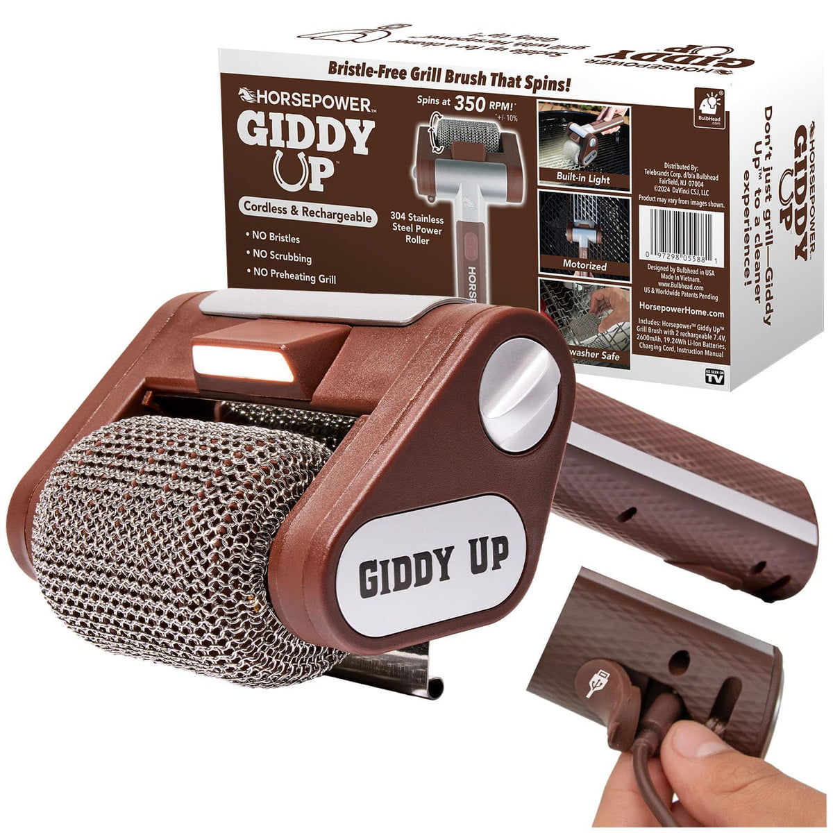 A Horsepower Giddy Up motorized, cordless handheld grill brush with a stainless steel power roller, positioned in front of its product packaging.