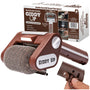 A Horsepower Giddy Up motorized, cordless handheld grill brush with a stainless steel power roller, positioned in front of its product packaging.