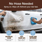 A person sprays Horsepower Waterless Car Wash on a dirty white truck door and wipes it with a blue cloth. Text highlights waterless cleaning, fast touch-ups, and convenient use anywhere.