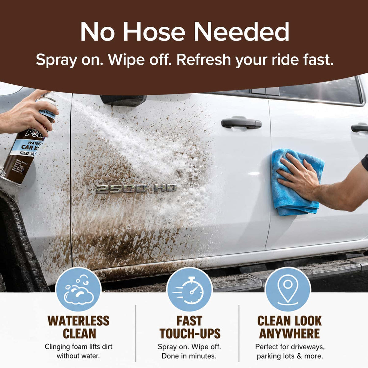A person sprays Horsepower Waterless Car Wash on a dirty white truck door and wipes it with a blue cloth. Text highlights waterless cleaning, fast touch-ups, and convenient use anywhere.