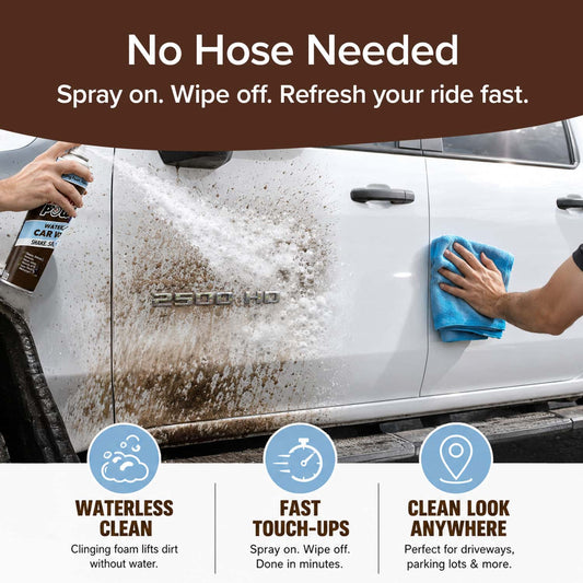 A person sprays Horsepower Waterless Car Wash on a dirty white truck door and wipes it with a blue cloth. Text highlights waterless cleaning, fast touch-ups, and convenient use anywhere.