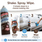 A can of Horsepower Waterless Car Wash and step-by-step images showing how to shake, spray foam on a dirty truck door, then wipe it clean with a microfiber towel.