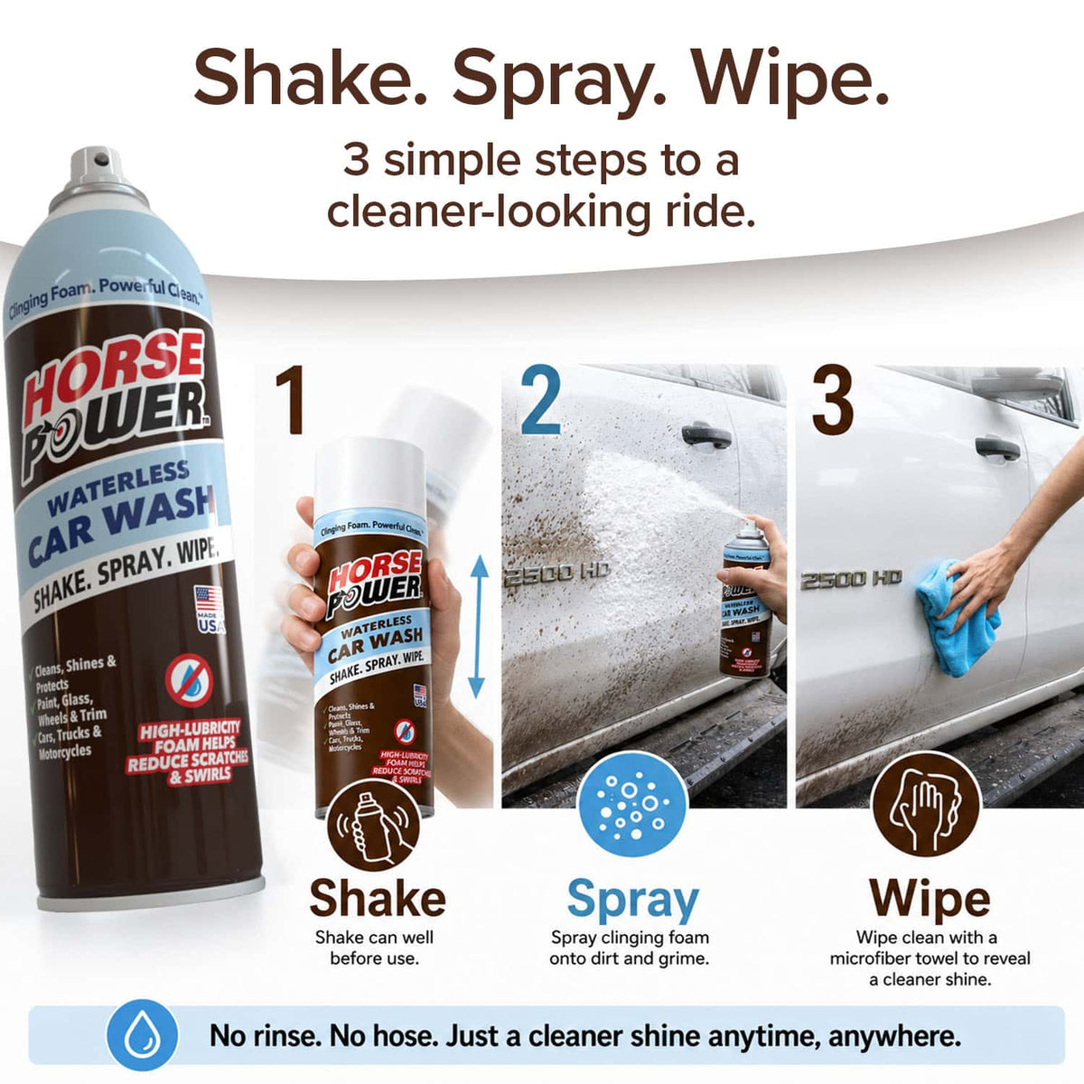 A can of Horsepower Waterless Car Wash and step-by-step images showing how to shake, spray foam on a dirty truck door, then wipe it clean with a microfiber towel.