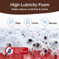 Foamy bubbles with dirt particles are shown. Labels indicate Horsepower Waterless Car Wash foam clings to surfaces, lifts away dirt, and wipes clean easily. Text states: High-lubricity foam helps reduce scratches and swirls.