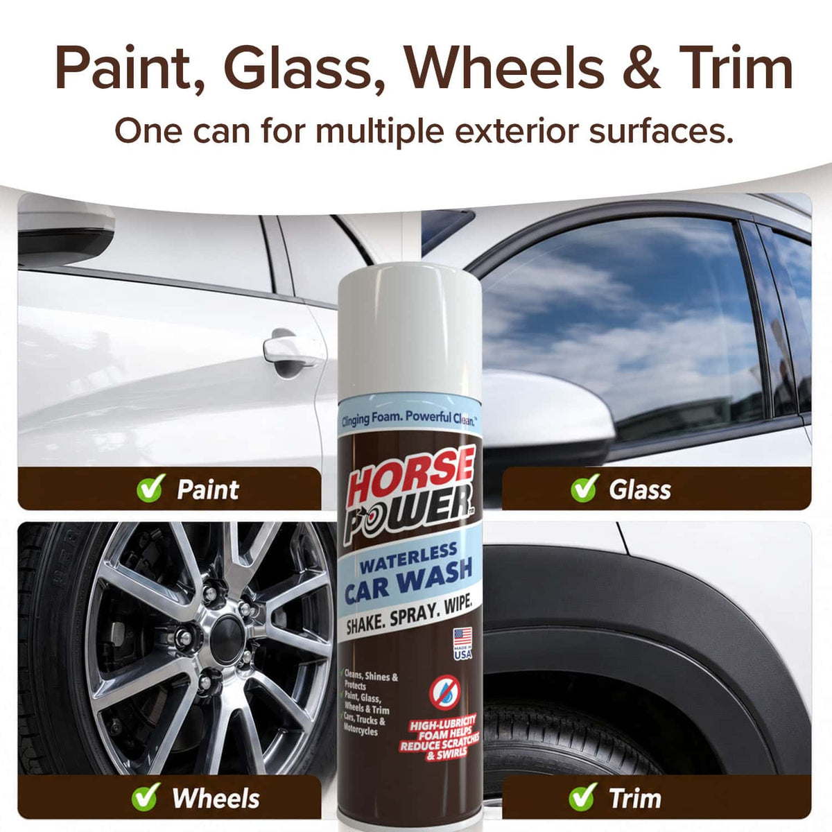 A can of Horsepower Waterless Car Wash is displayed alongside examples of its use on car paint, glass, wheels, and trim. The text highlights the product’s versatility for cleaning multiple exterior surfaces.