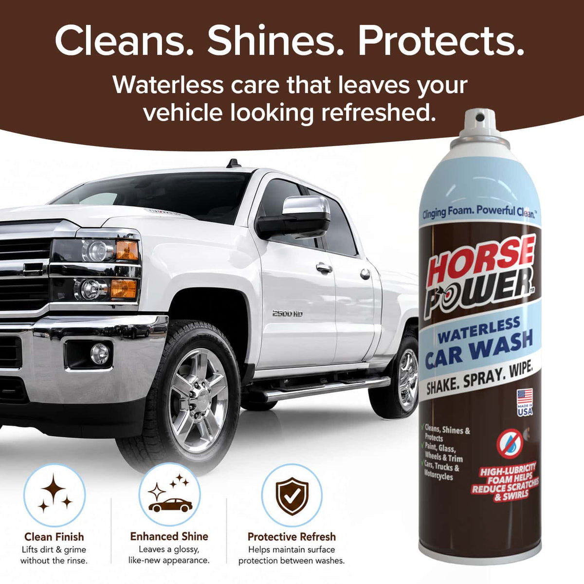A white pickup truck sits next to a can of Horsepower Waterless Car Wash. Text emphasizes its cleaning, shining, and protective qualities, while icons illustrate a clean finish, enhanced shine, and lasting protection.
