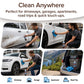 A man uses Horsepower Waterless Car Wash with a blue cloth and spray bottle to clean different cars in various locations—including a driveway, garage, apartment, and by a lake—demonstrating the product’s versatility for easy car cleaning anywhere.