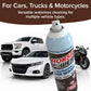 A can of Horsepower Waterless Car Wash is displayed in front of a white truck, a white car, and a black motorcycle, highlighting its waterless cleaning benefits for various vehicle types.