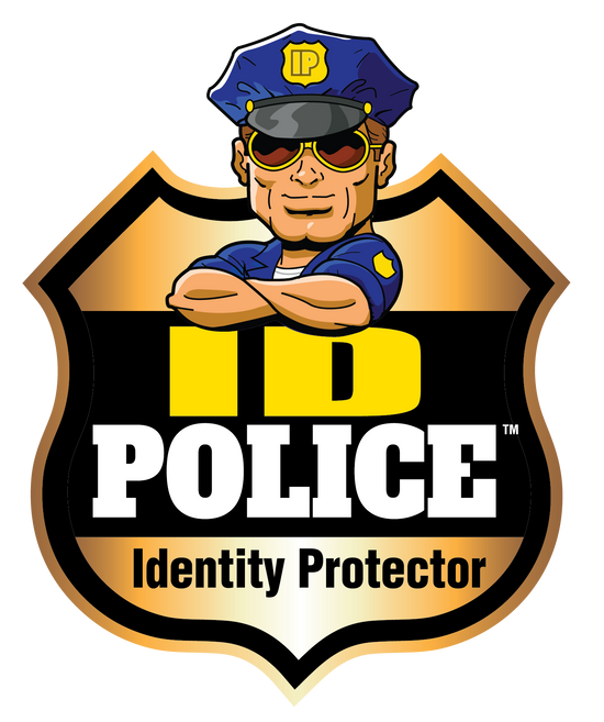 ID police logo - badge with cartoon police man on top and text reading ID police identity protector