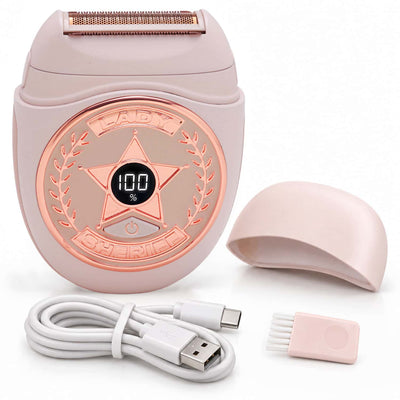 Lady Sheriff™ Women’s Compact Wet & Dry Electric Razor featuring a digital battery display, a protective cap, a USB charging cable, and a small cleaning brush for a close, comfortable shave.