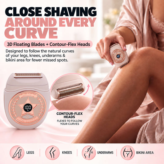 A woman uses a rose-gold and white Lady Sheriff™ Women’s Compact Wet & Dry Electric Razor on her leg, with insets highlighting the flexible head designed for a close, comfortable shave on legs, knees, underarms, and the bikini area.