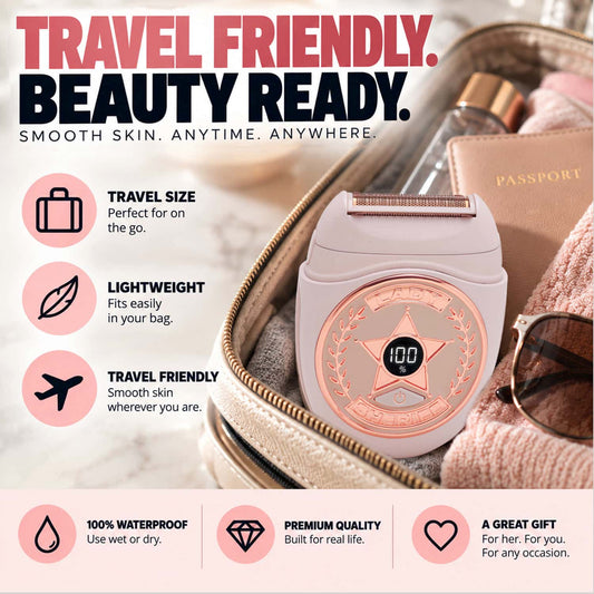 The Lady Sheriff™ Women’s Compact Wet & Dry Electric Razor is a pale pink waterproof device with a rose gold sheriff’s badge, digital display, travel bag, passport, and sunglasses, highlighting its portable, rechargeable cordless design.