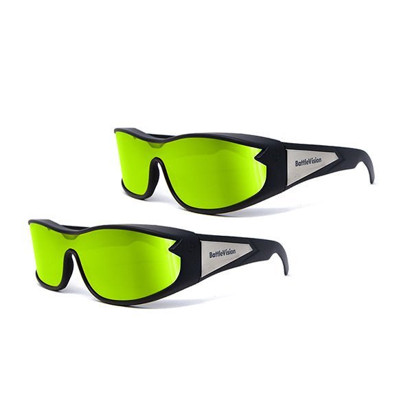 Two pairs of Battle Vision Night Vision Glasses are shown side by side, each with black frames and bright green lenses, featuring the BattleVision branding on the arms.