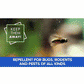 A close-up of a flying insect with the text KEEP THEM AWAY! in a box, and a blue banner at the bottom that reads, ALL NATURAL PEPPERMINT OIL INSECT REPELLENT SPRAY FOR BUGS, RODENTS, AND PESTS OF ALL KINDS.