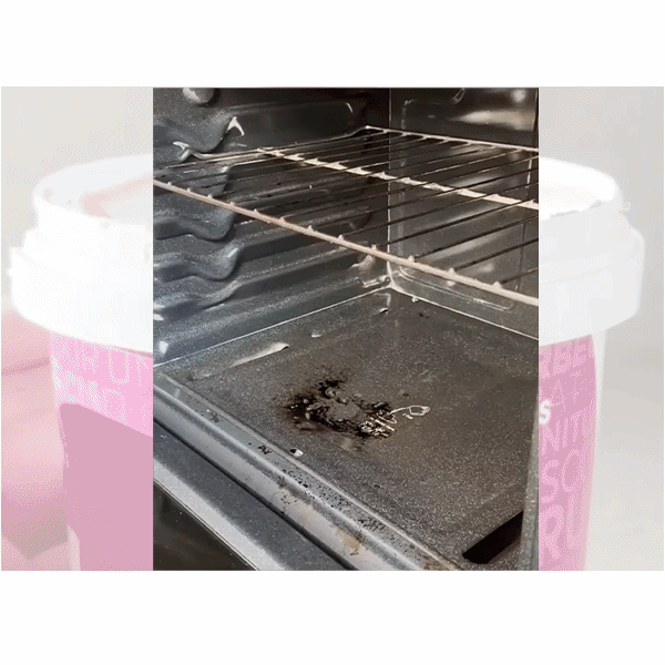 A dirty oven interior with a wire rack shows burnt food residue and grease on the floor. A pink All-Purpose Cleaning Paste container is partially visible at the side.