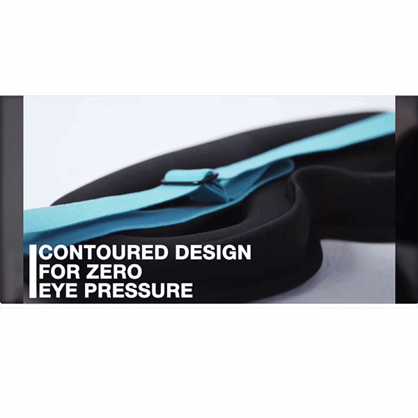 A close-up of the Blackout Sleep Mask in blue and black, featuring a 3D contoured design for zero eye pressure. Text on the image reads, “Contoured design for zero eye pressure,” emphasizing its effectiveness as a blackout sleep mask.