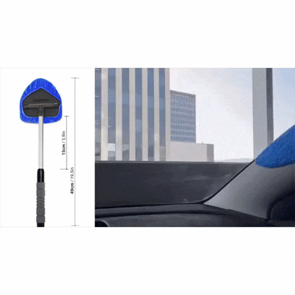 A Car Windshield Cleaner with microfiber pads and a long handle wipes a car windshield for streak-free cleaning. A diagram on the left shows its dimensions, while a cityscape is visible through the window.