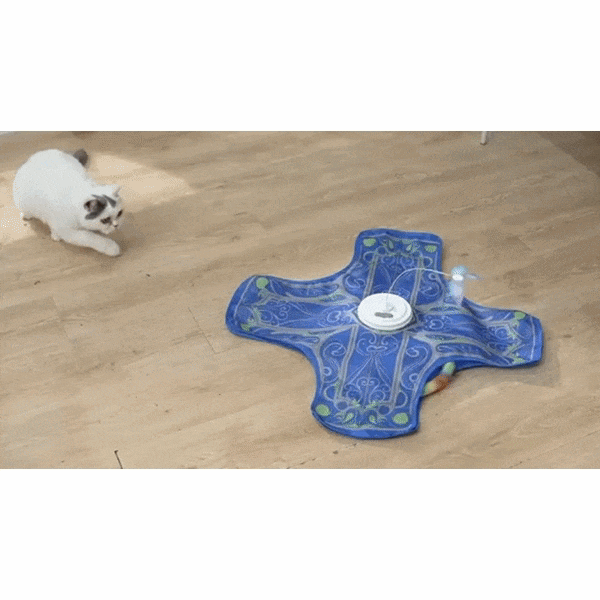 A white cat crouches on a wooden floor, intently watching the Interactive Hide and Seek Cat Toy—a blue toy featuring a moving wand and a concealed object beneath it. Specially designed to captivate curious felines, this engaging setup keeps your cat entertained for hours.