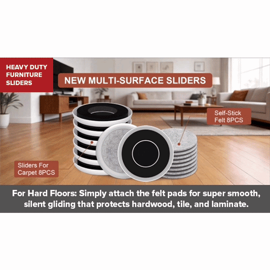 Image featuring Heavy Duty Furniture Sliders—black and gray circular pads, plus self-stick felt pads—on a wooden floor. Text highlights their use as furniture floor protectors for both hard floors and carpets.