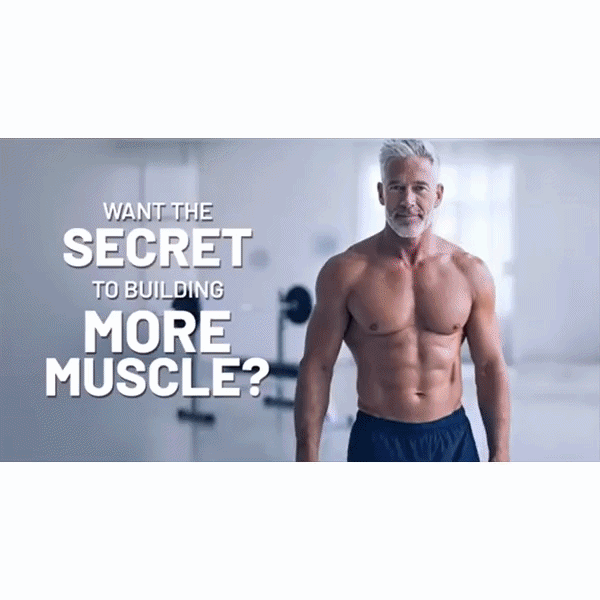 A muscular, silver-haired man stands shirtless in a gym. Text asks, Want the secret to building muscle? Discover how Muscle Code Essential Amino Acid Capsules support lean muscle growth and recovery.