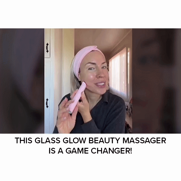 A woman wearing a pink headband uses the Real Glass Glow Beauty Massager on her face for pore care. Text below reads: THIS REAL GLASS GLOW BEAUTY MASSAGER IS A GAME CHANGER!.