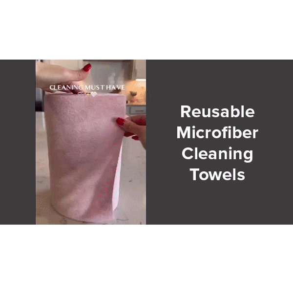 A person with red nail polish pulls a pink towel from a roll on the kitchen counter. Text: Reusable Microfiber Cleaning Towels (You Get 75 Towels)—your eco-friendly must-have for cleaning.