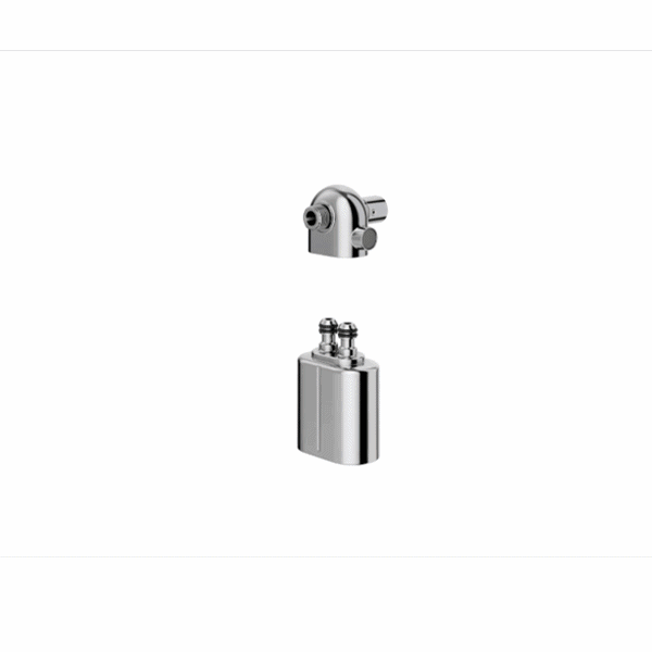 Two separate metallic components—the rounded top piece with a small protrusion and the rectangular bottom piece featuring curved edges and two raised, circular caps—feature a shiny, reflective finish. Both are ideal parts for the Shower Filter for Natural Skin & Healthy Hair, expertly designed to reduce harsh chemicals such as chlorine and promote healthier hair.