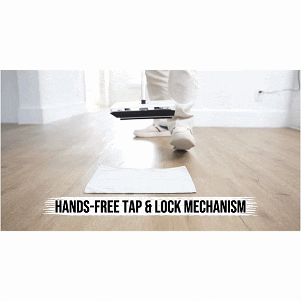 A person steps on the Tap Mop base, securing a pad with its innovative hands-free tap & lock mechanism. The text "HANDS-FREE TAP & LOCK MECHANISM" appears on screen.