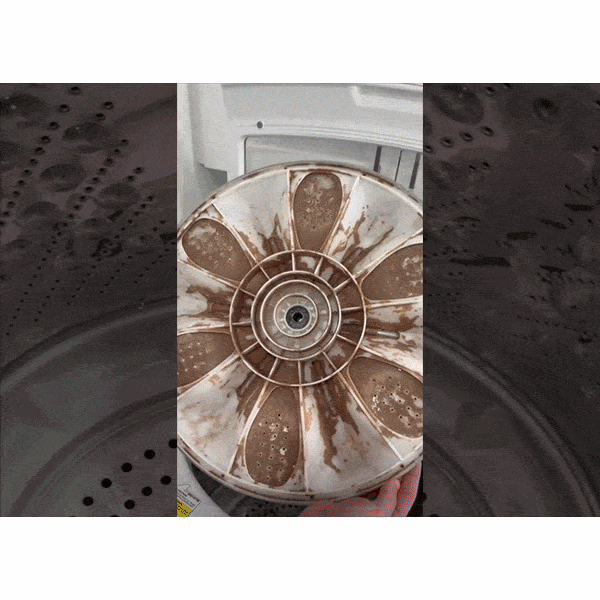 A dirty, sediment-covered washing machine agitator plate removed from the basin, showing the buildup that requires Washing Machine Cleaning Tablets for Pet Owners to remove.