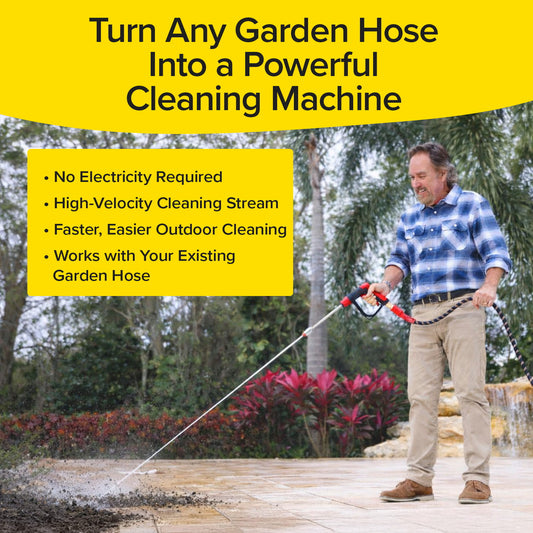 A man uses the Pocket Hose Arrow with Flow Force Technology on his garden hose to clean outdoors. Benefits: no electricity needed, high-velocity stream, faster cleaning, and works with existing hoses.