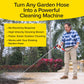 A man uses the Pocket Hose Arrow with a power washer attachment to spray and clean an outdoor stone surface. Benefits: no electricity needed, faster cleaning, and works with any standard garden hose nozzle.