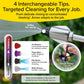 The Pocket Hose Arrow includes a power washer spray wand with four precision tips—red, purple, green, and white—for versatile cleaning, displayed with labels and a nozzle holder clipped onto a surface.