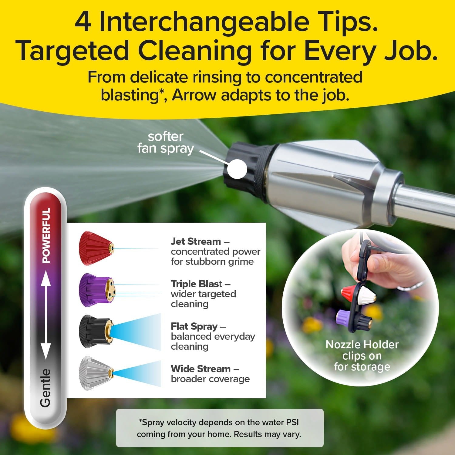 The Pocket Hose Arrow includes a power washer spray wand with four precision tips—red, purple, green, and white—for versatile cleaning, displayed with labels and a nozzle holder clipped onto a surface.