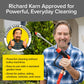 A smiling man in a blue plaid shirt holds the Pocket Hose Arrow, a red and black high-pressure washer. A badge reads “Richard Karn Approved!” Text highlights powerful cleaning, easy hose use, and versatility for patios, siding, windows, and vehicles.