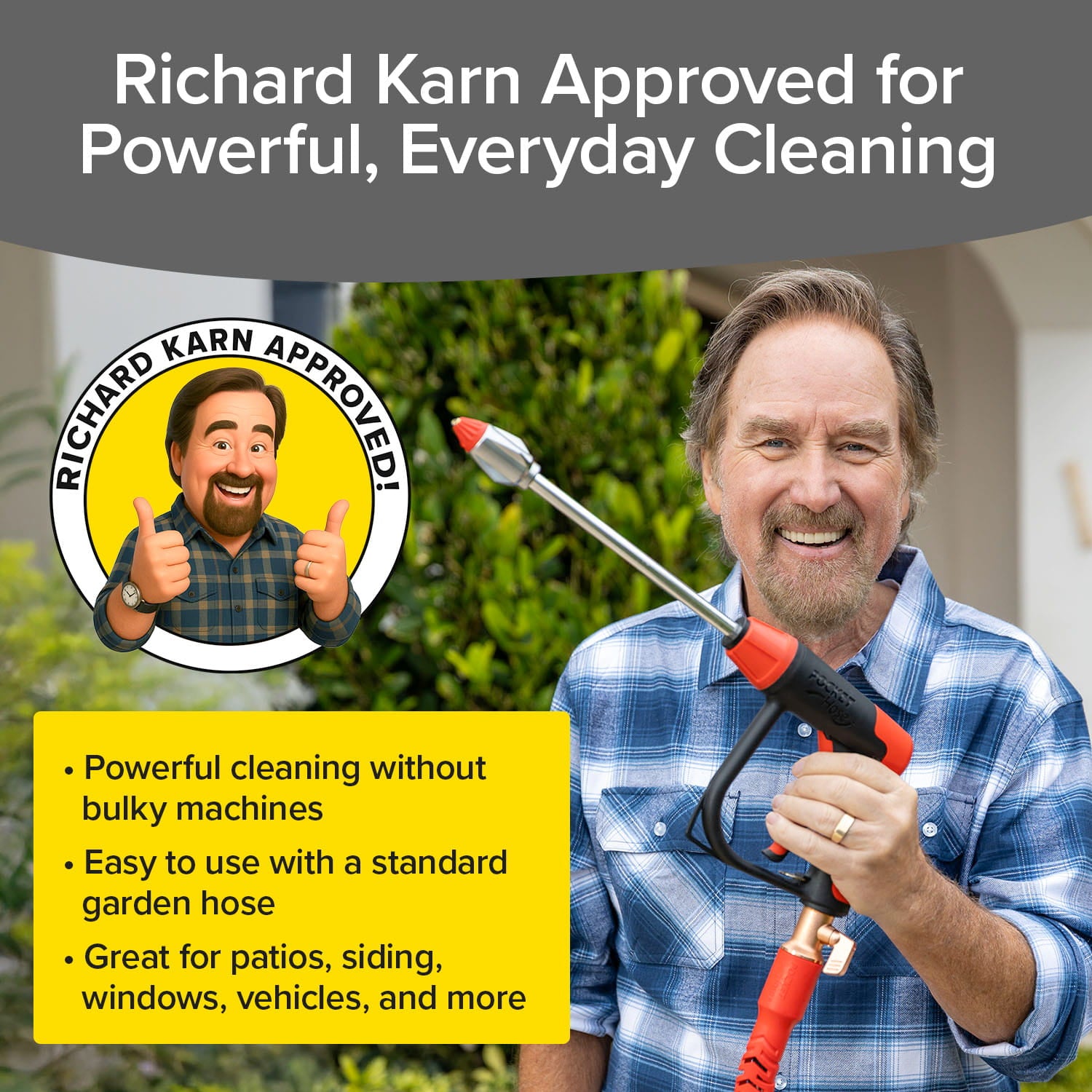 A smiling man in a blue plaid shirt holds the Pocket Hose Arrow, a red and black high-pressure washer. A badge reads “Richard Karn Approved!” Text highlights powerful cleaning, easy hose use, and versatility for patios, siding, windows, and vehicles.