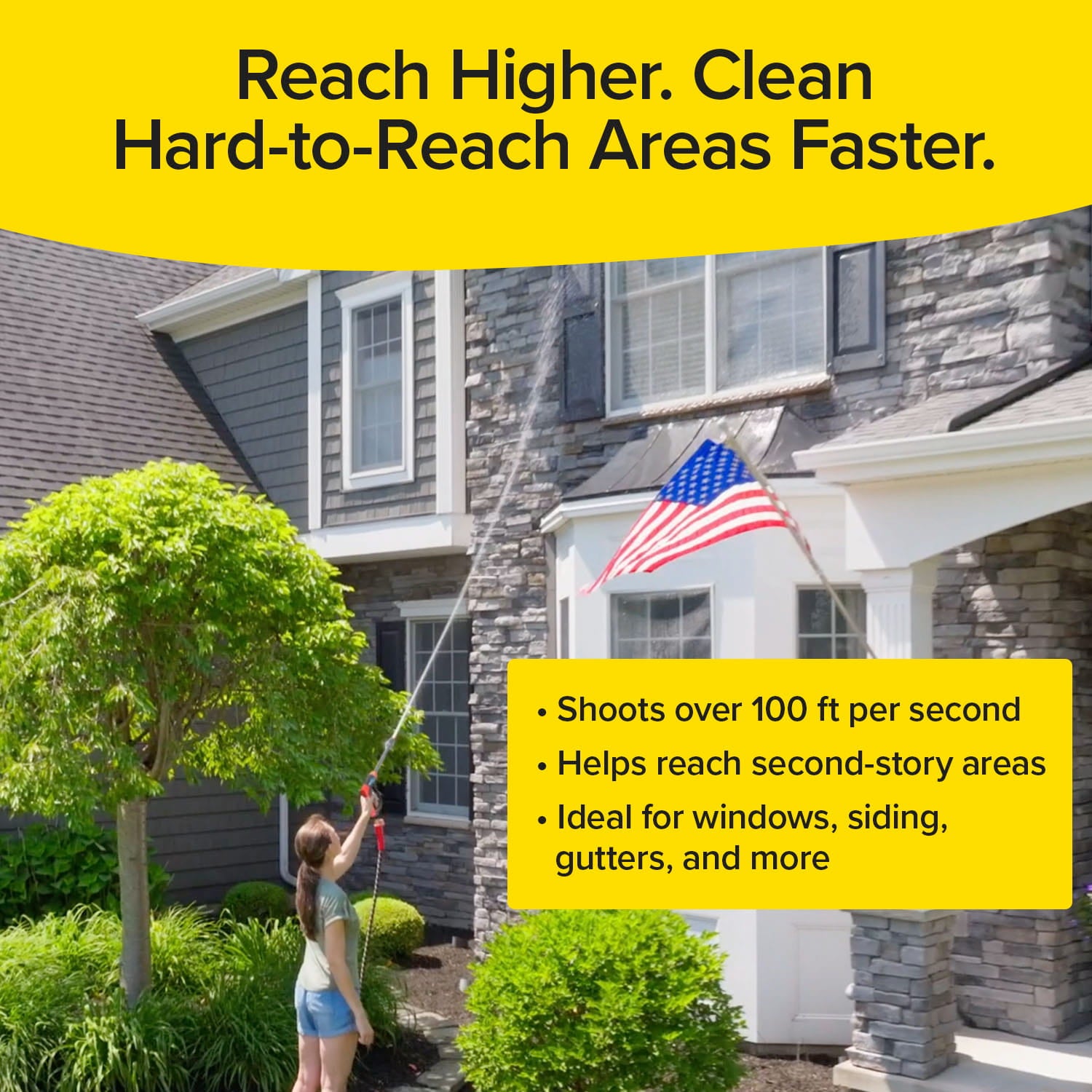 Using the Pocket Hose Arrow, a person cleans second-story windows, siding, and gutters with a long pole and Flow Force Technology that shoots water over 100 ft/sec in a powerful stream.