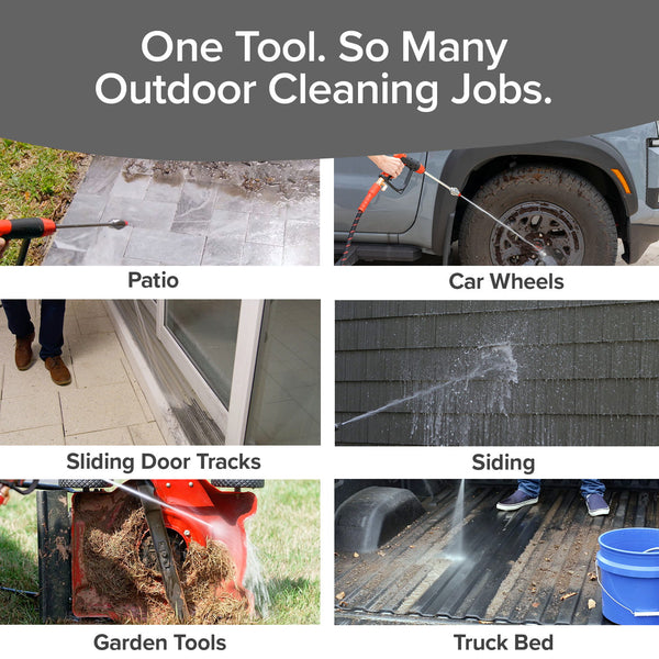 A graphic shows six photos of the Pocket Hose Arrow using Flow Force Technology and a high-velocity stream to clean a patio, car wheels, sliding door tracks, siding, garden tools, and a truck bed. The heading reads: “One Tool. So Many Outdoor Cleaning Jobs.”.