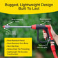 The Pocket Hose Arrow spray gun, shown in red and black, features Flow Force Technology for high-velocity spraying, a rust-resistant head, heavy-duty tip threading, and a textured non-slip grip. A hand holds the gun against a yellow background listing benefits.