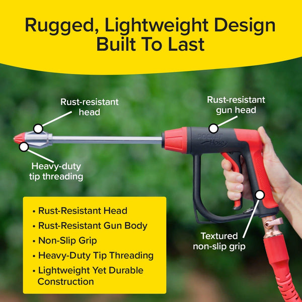 A close-up of the Pocket Hose Arrow nozzle in red and black, featuring Flow Force Technology for a high-velocity stream, rust-resistant body, textured non-slip grip, and heavy-duty tip threading, set against a blurred green background.