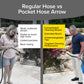 Split image compares a regular hose’s weak stream to the Pocket Hose Arrow, featuring Flow Force Technology for a high-velocity stream and 4 interchangeable tips. Text highlights the unique features and benefits of each hose.