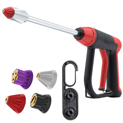 The Pocket Hose Arrow is a handheld high-velocity sprayer with a red and black handle, silver nozzle, and four interchangeable spray tips (purple, silver, red, black) powered by Flow Force Technology. Includes a black storage clip.