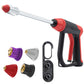 The Pocket Hose Arrow features a handheld water spray gun with a red and black handle, silver nozzle, four interchangeable colored tips (purple, silver, red, black), and a black attachment clip—ideal as a high-pressure or garden hose nozzle.