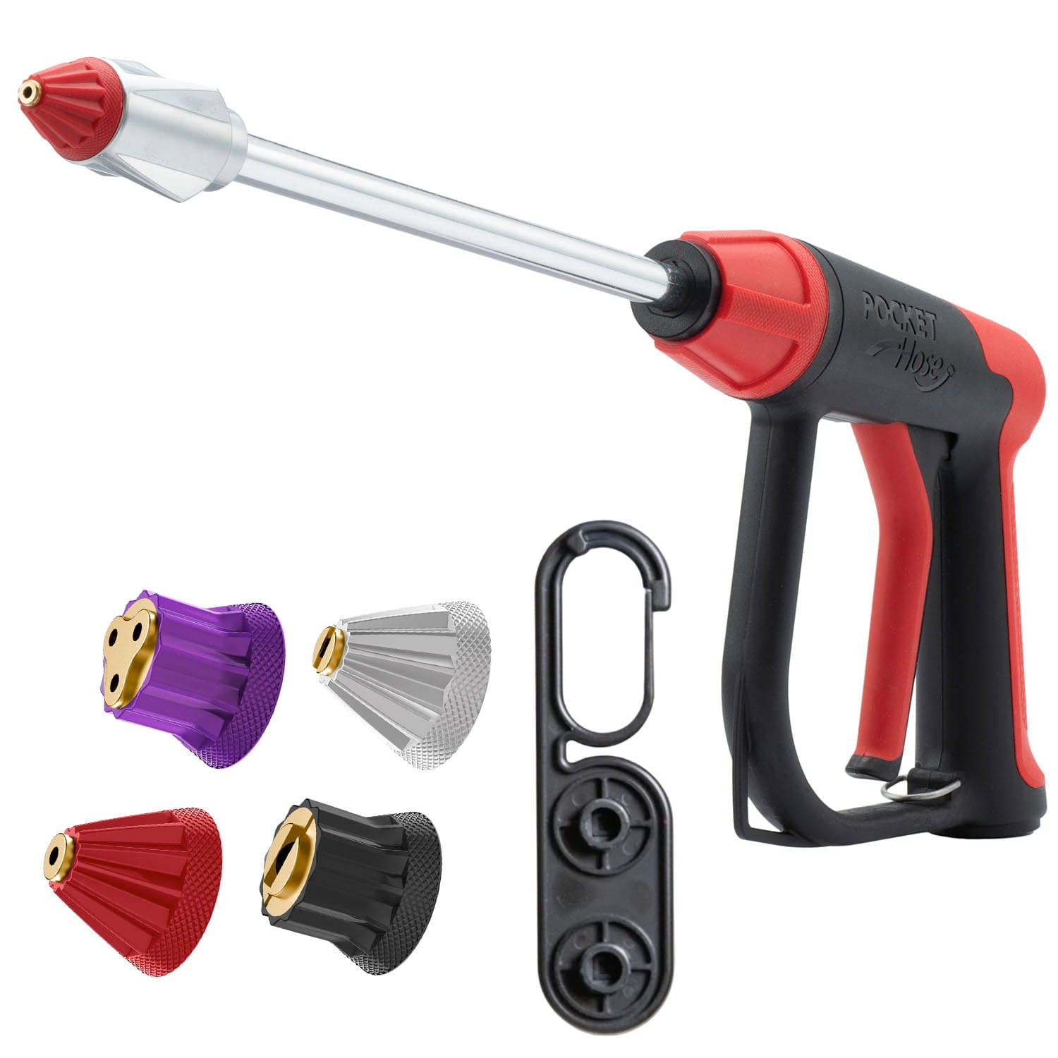 The Pocket Hose Arrow features a handheld water spray gun with a red and black handle, silver nozzle, four interchangeable colored tips (purple, silver, red, black), and a black attachment clip—ideal as a high-pressure or garden hose nozzle.