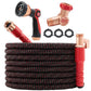 The Pocket Hose Ballistic is a coiled black and red expandable garden hose with metal connectors, a spray nozzle, brass shut-off valve, four rubber washers, and metal adapter. Its anti-burst sleeve boosts durability. Accessories are neatly arranged around the hose.