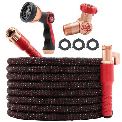 The Pocket Hose Ballistic is a coiled black and red expandable garden hose with metal connectors, a spray nozzle, brass shut-off valve, four rubber washers, and metal adapter. Its anti-burst sleeve boosts durability. Accessories are neatly arranged around the hose.